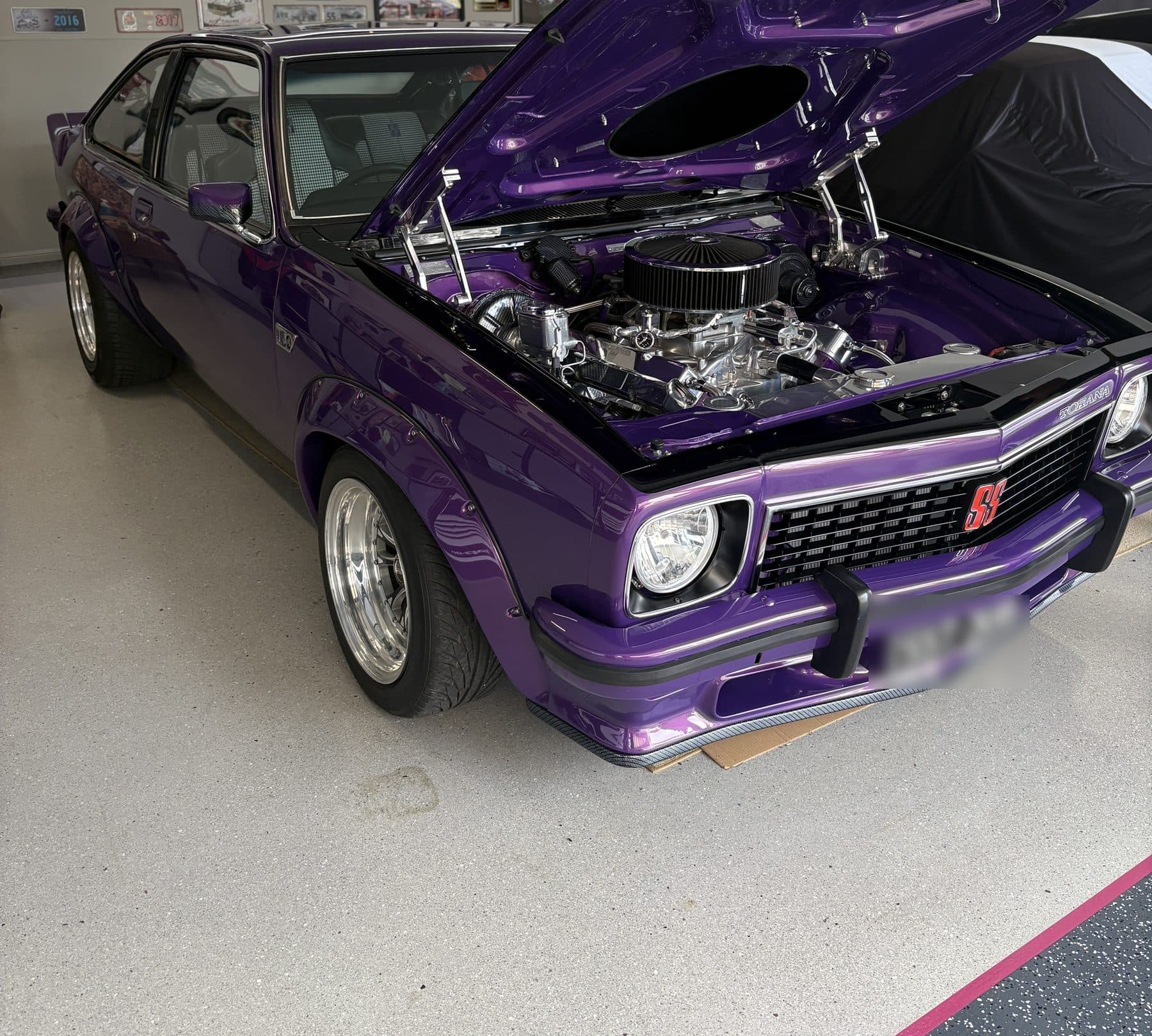 Purple Holden Torana SS with the engine bay open